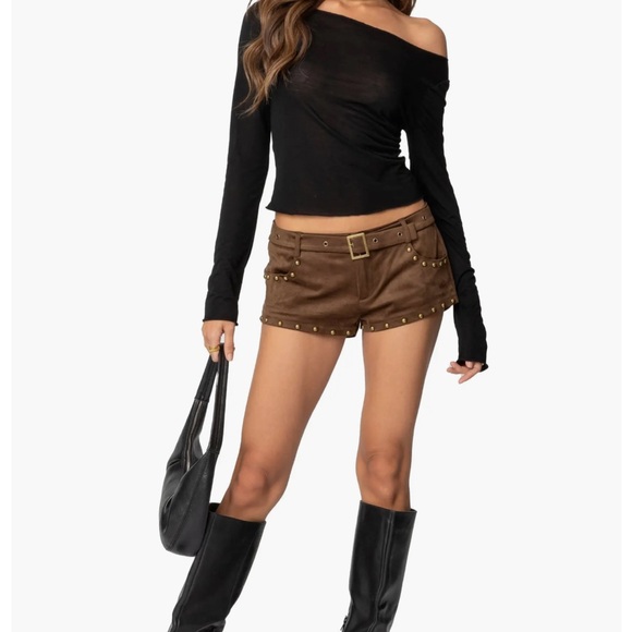 Edikted Studded Faux Suede Micro Shorts Brown Size Medium MSRP $78 - Picture 2 of 9